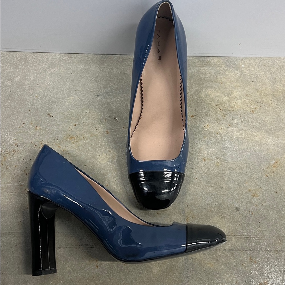 Tahari Blue and Black Patent Heels